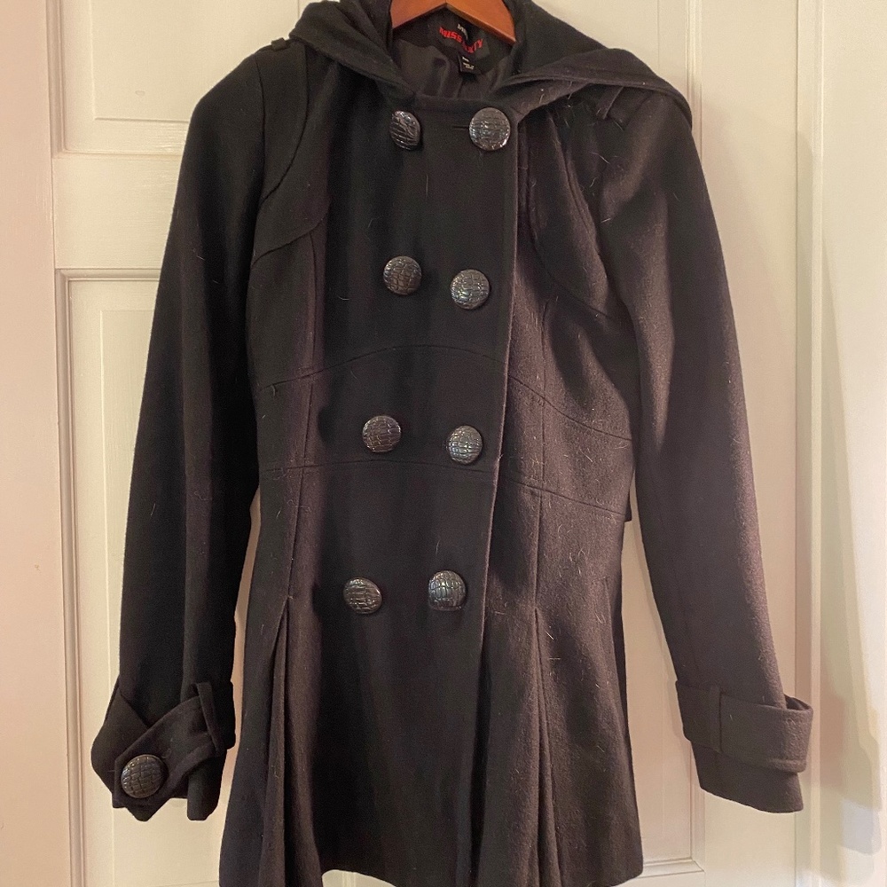 Black wool Hooded Double Breasted Pea Coat Jacket